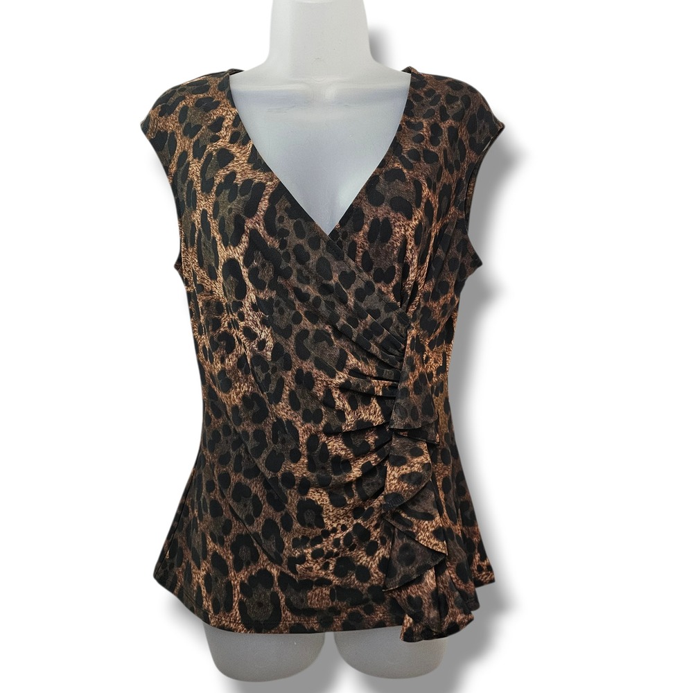 Y2K Boston Proper Sleeveless Top S Leopard Animal Print Mesh Ruffle Wrap Sexy